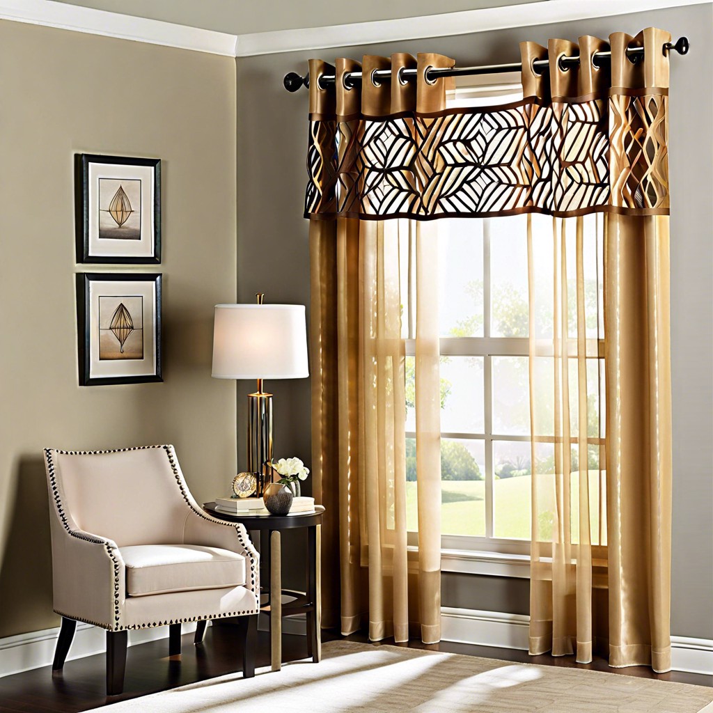 geometric laser cut valance with sheer curtains