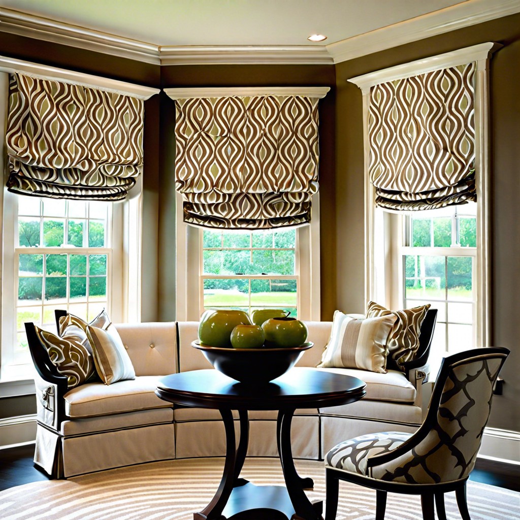 patterned roman shades with solid drapes