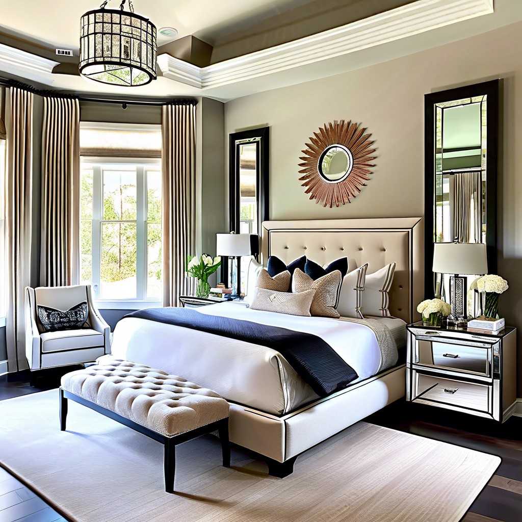 use mirrored nightstands to reflect light around the room