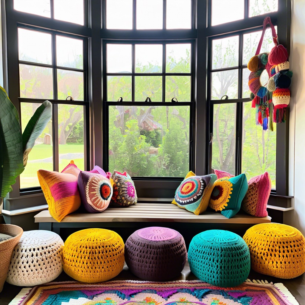 bohemian bench with colorful crochet poufs