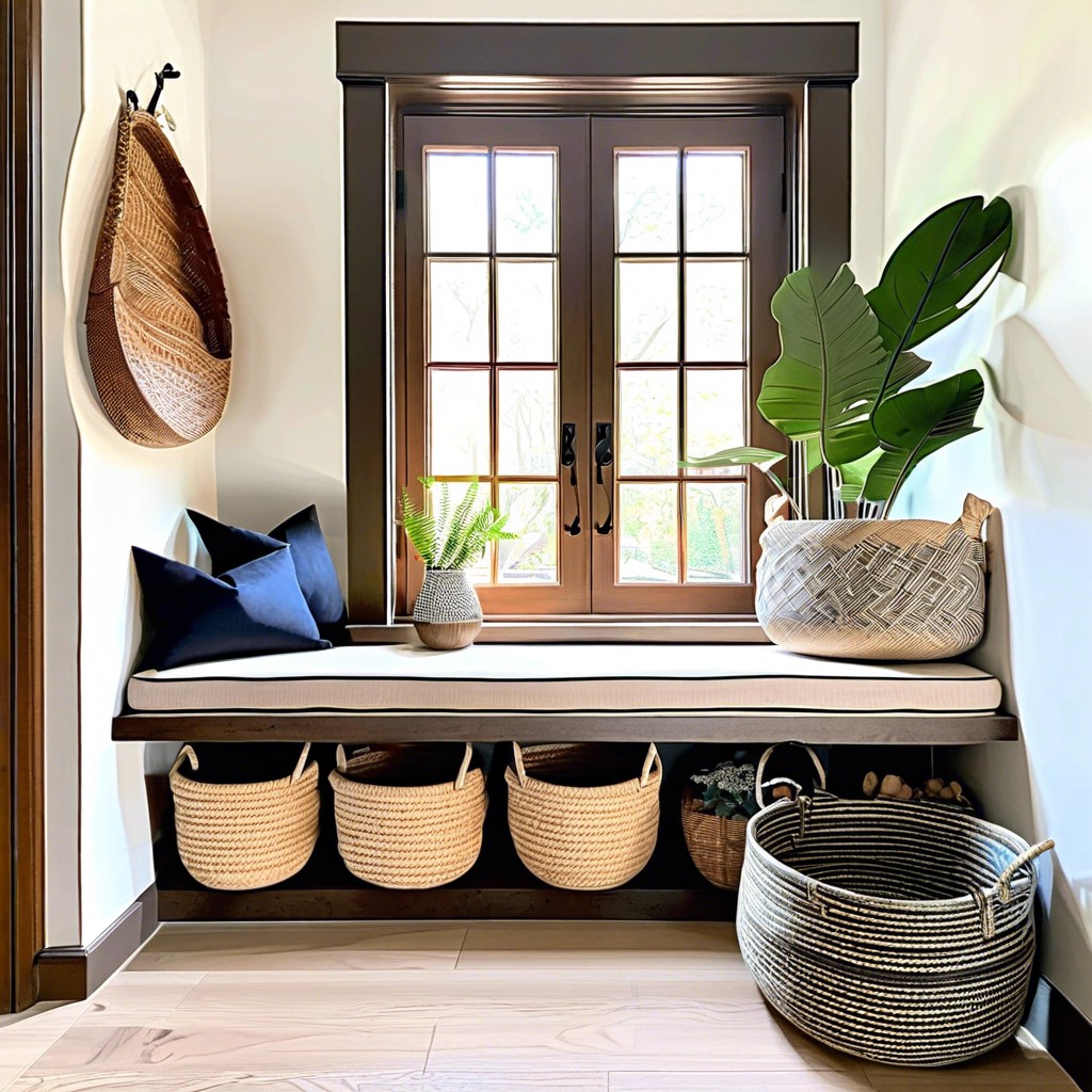 cozy alcove bench with woven baskets below