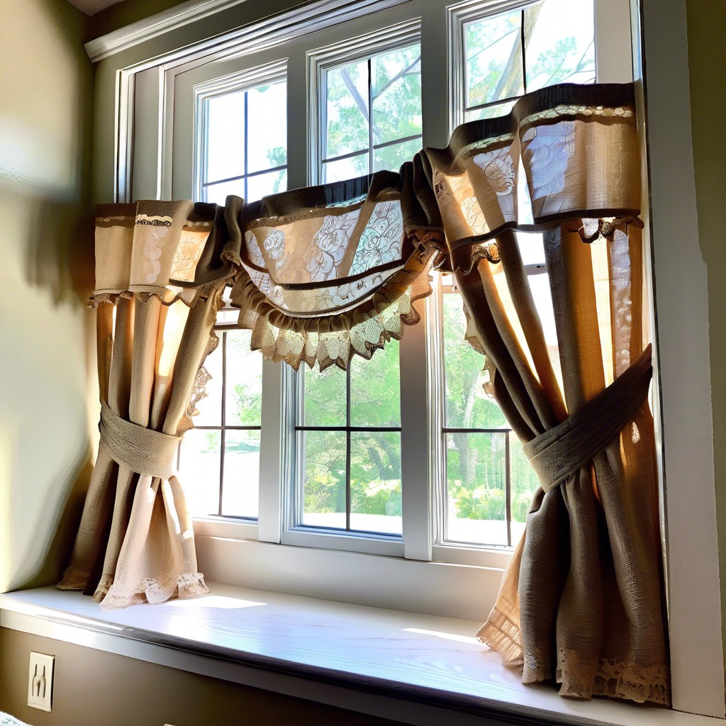 layered lace and burlap curtains