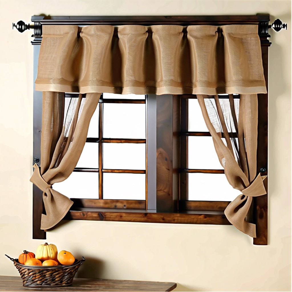 rustic wooden valances with natural burlap curtains