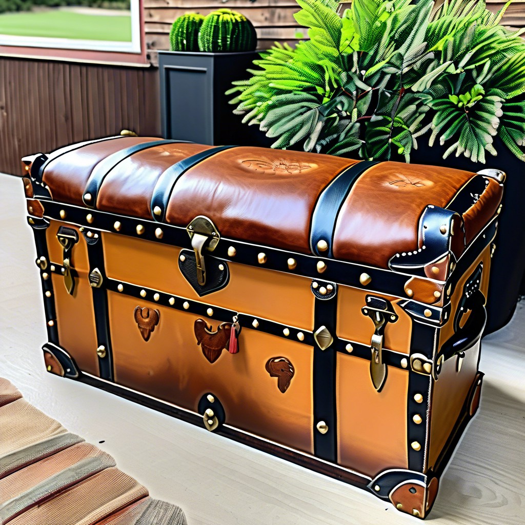 vintage trunk bench with leather cushions