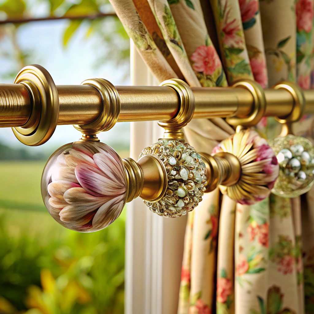 antique brass curtain rods with floral finials