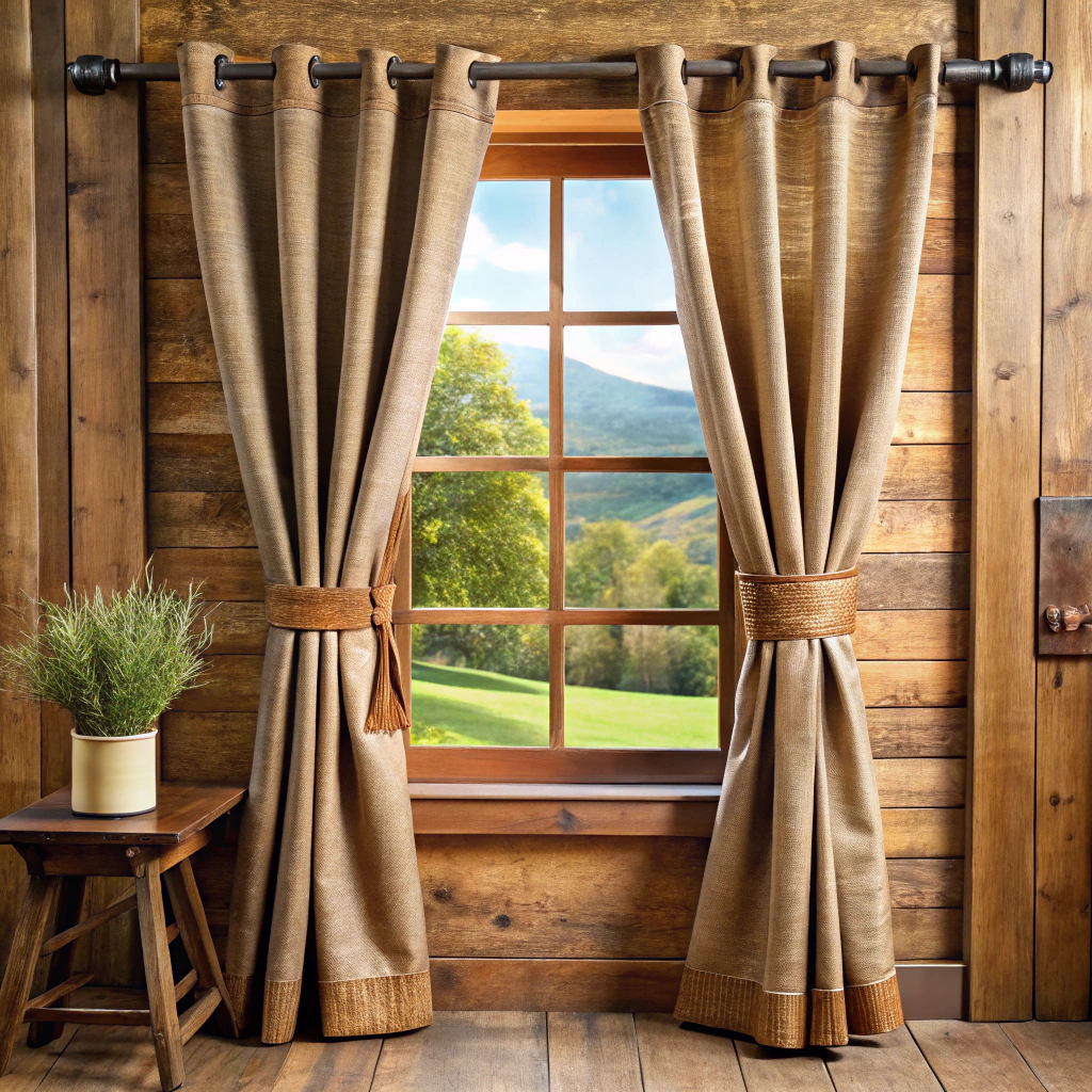rustic burlap curtains with leather tiebacks