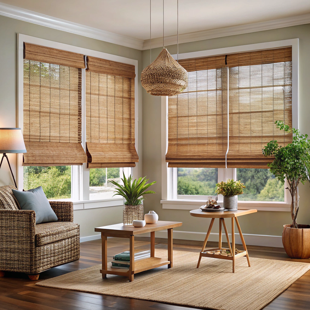 woven bamboo roman shades with twine detail