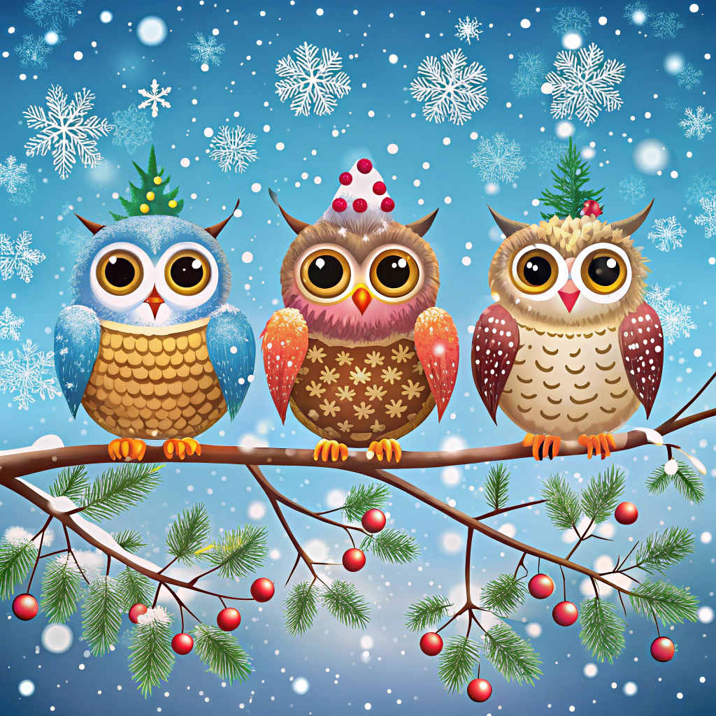 festive owls in winter branches