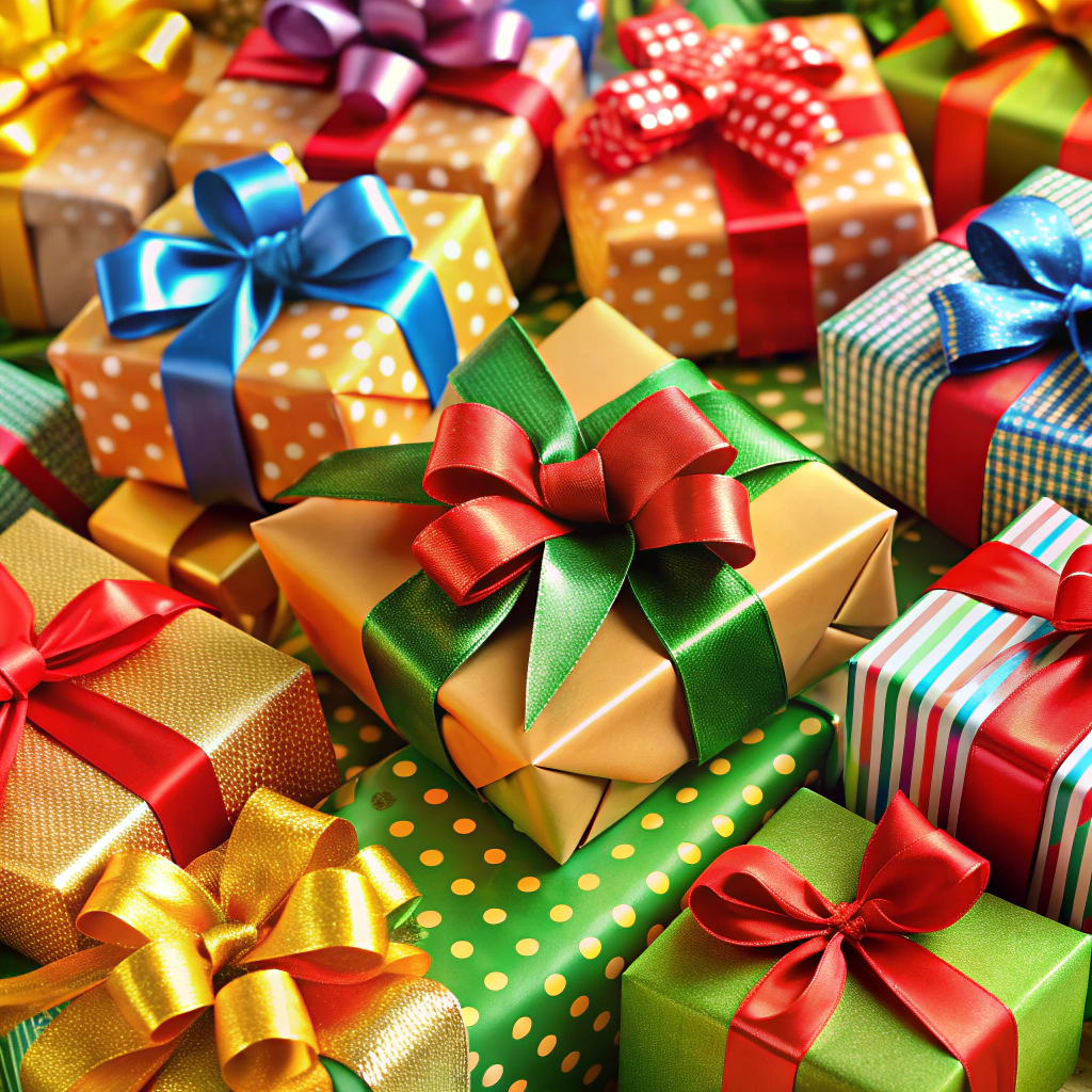 wrapped gift pile with bows