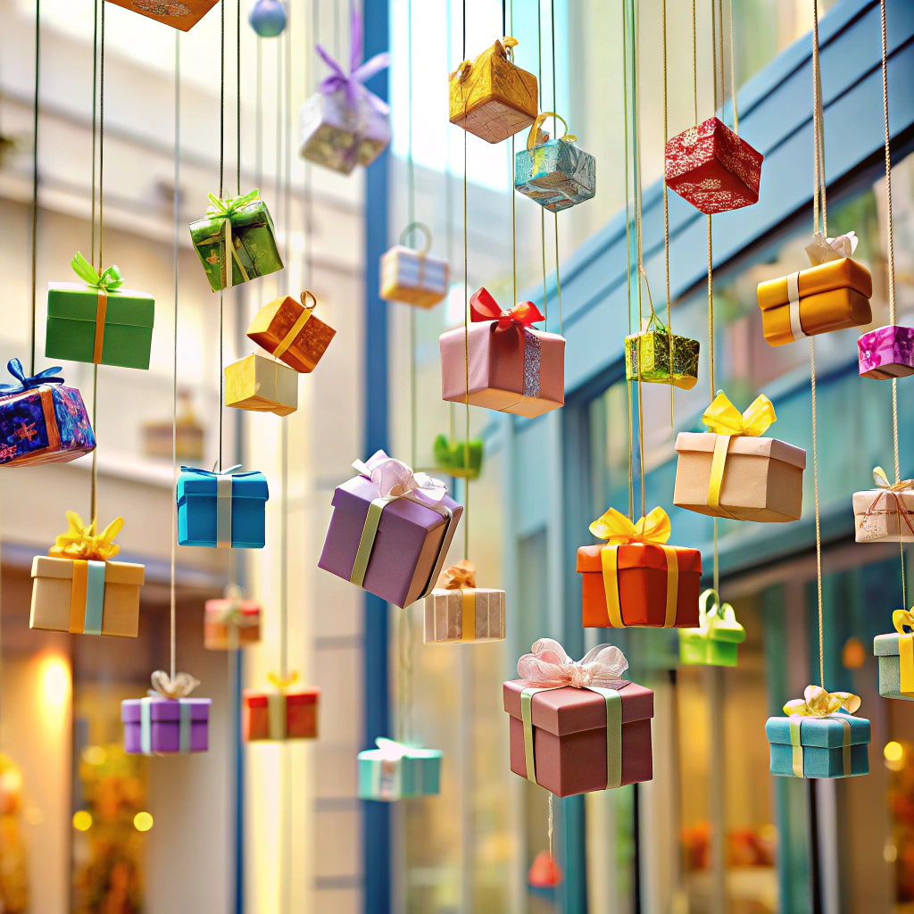floating gifts suspend items on clear strings for an airy effect