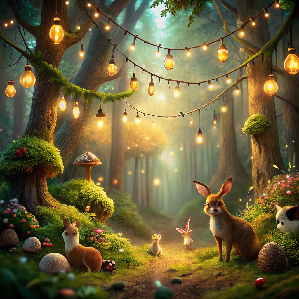 magical forest enchant with fairy lights and greenery around woodland creatures