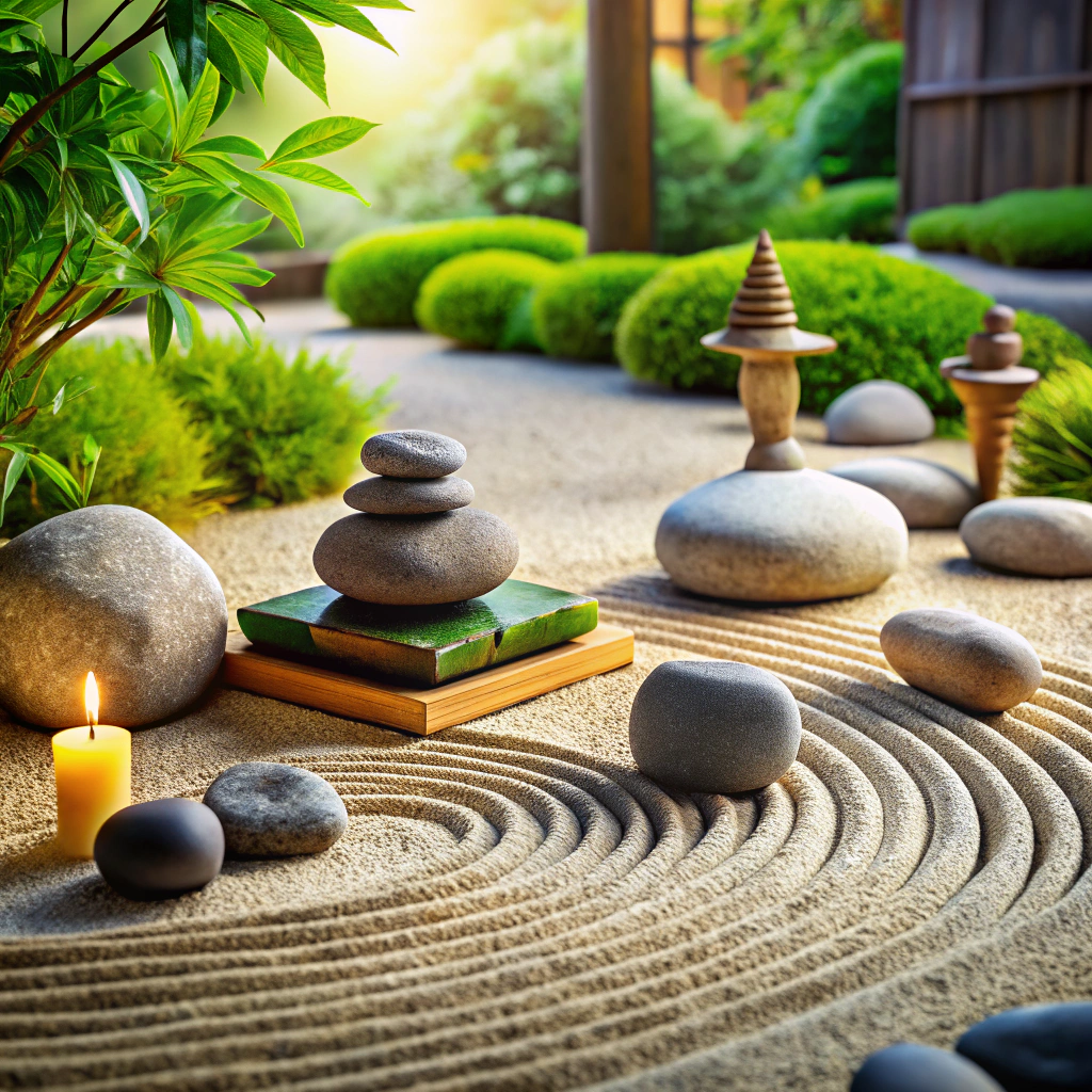 zen garden calming setup with rock gardens and wellness items